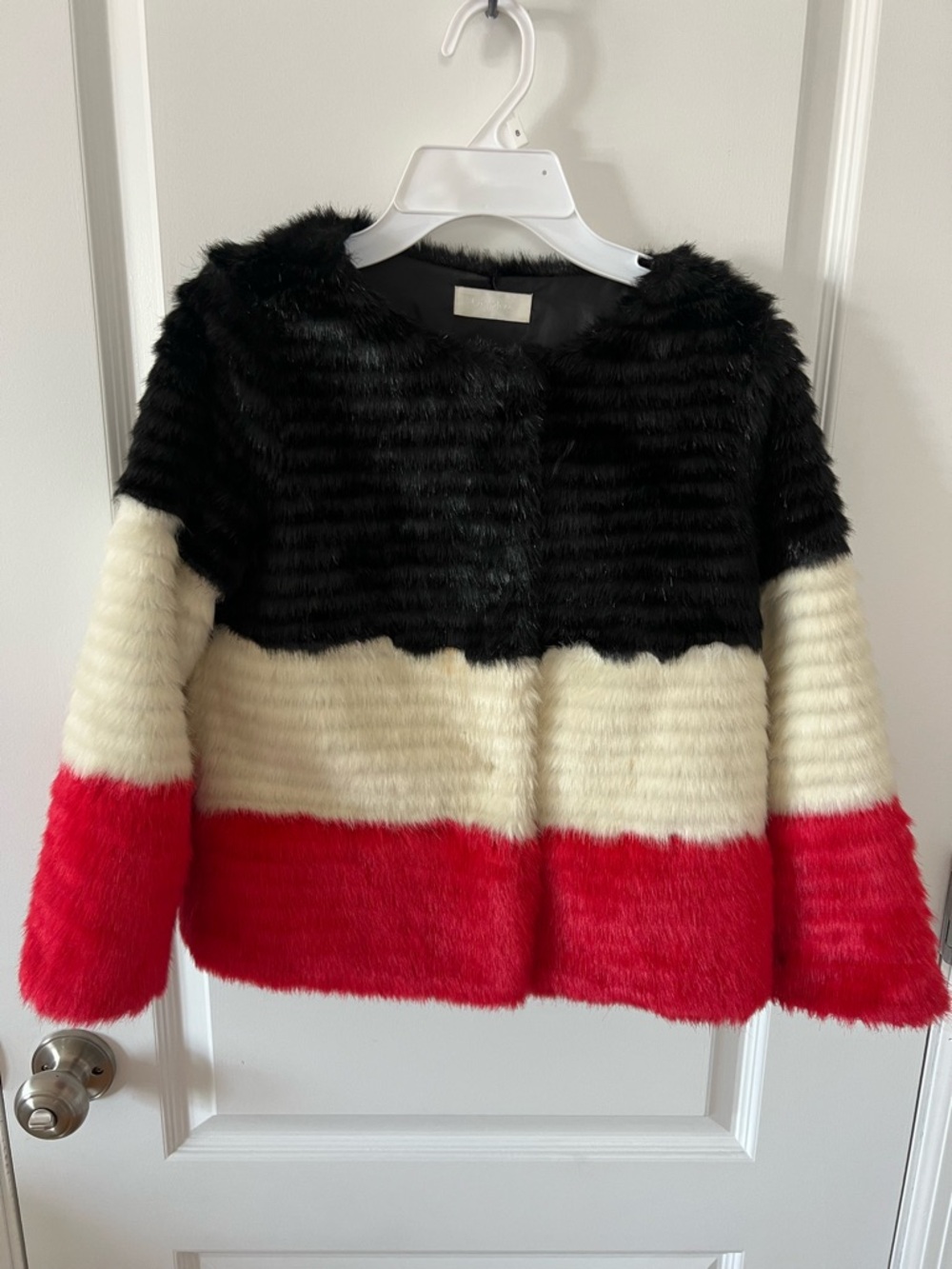 Byblos Girls Colorblock Faux Fur Jacket - Black, Cream & Red